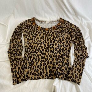 Zoe B Womans Large Leopard Embellished Lightweight Scoop Neck Pullover Sweater